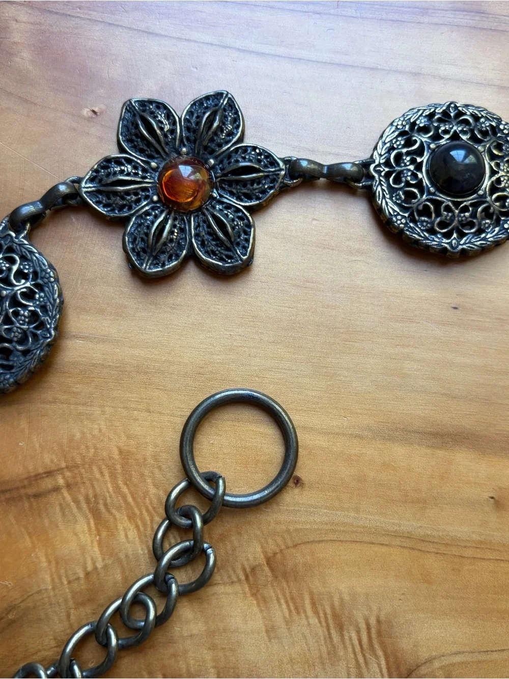 Floral Filigree Link Belt with Colored Stones